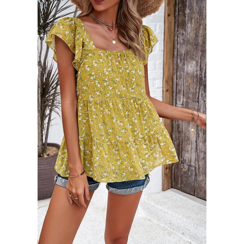floral square neck ruffled top, view 22 - MRSLM