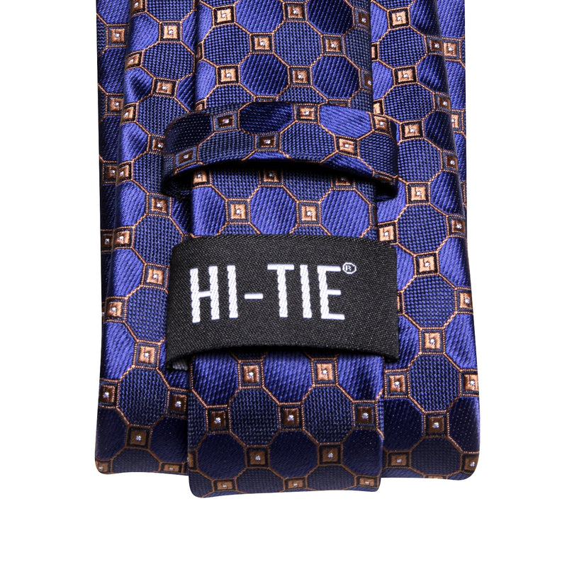 navy blue and gold plaid silk necktie set, view 6 - MRSLM