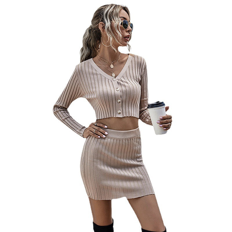 Solid Color Thin Slim Casual Short Knitted Skirt Suit Two-piece Set