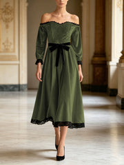 Off-shoulder velvet midi dress with lace trim and bow, view 2 - MRSLM