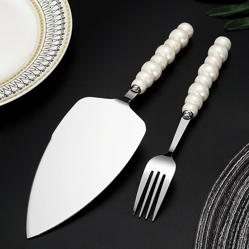 pearl ceramic handle cake knife set, view 7 - MRSLM