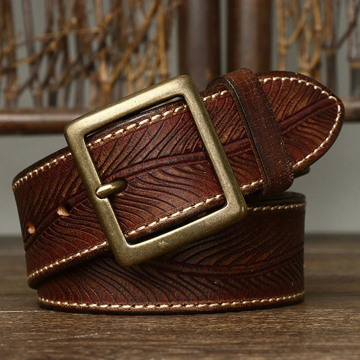 3.8CM Vintage Printed Leather Belt – Copper Buckle Cowhide Strap for Men’s Jeans