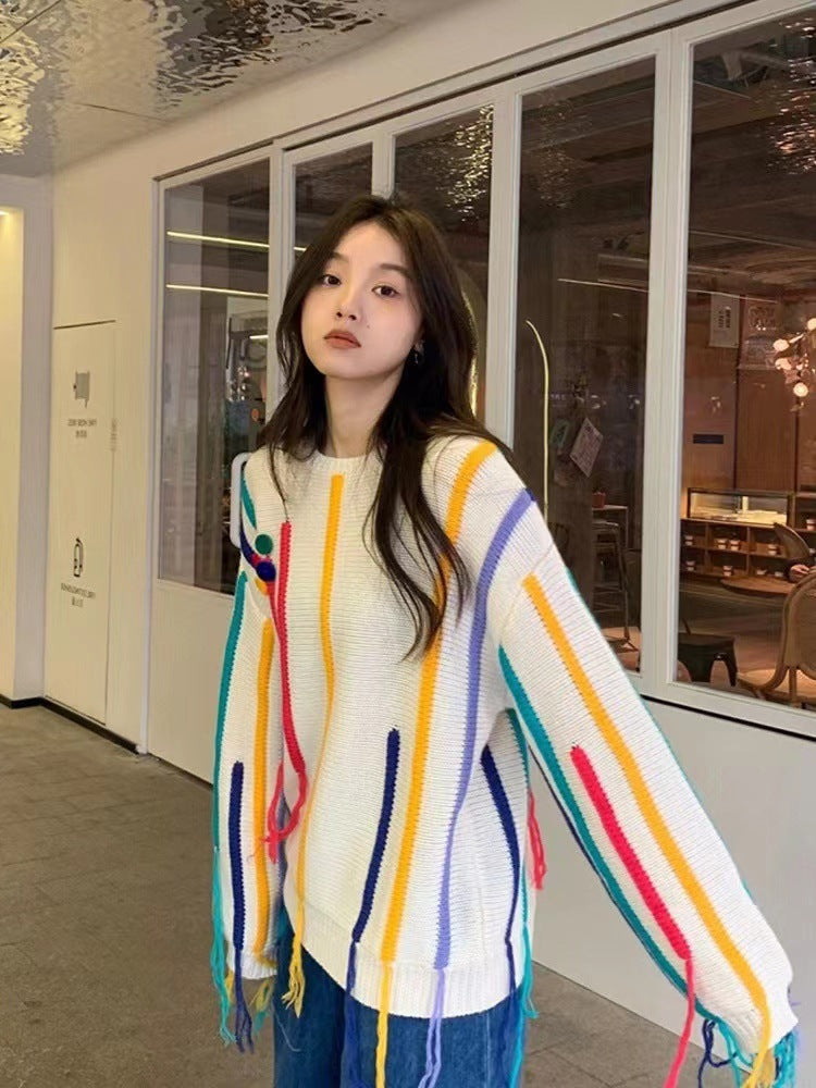 fringed striped sweater for women, view 8 - MRSLM