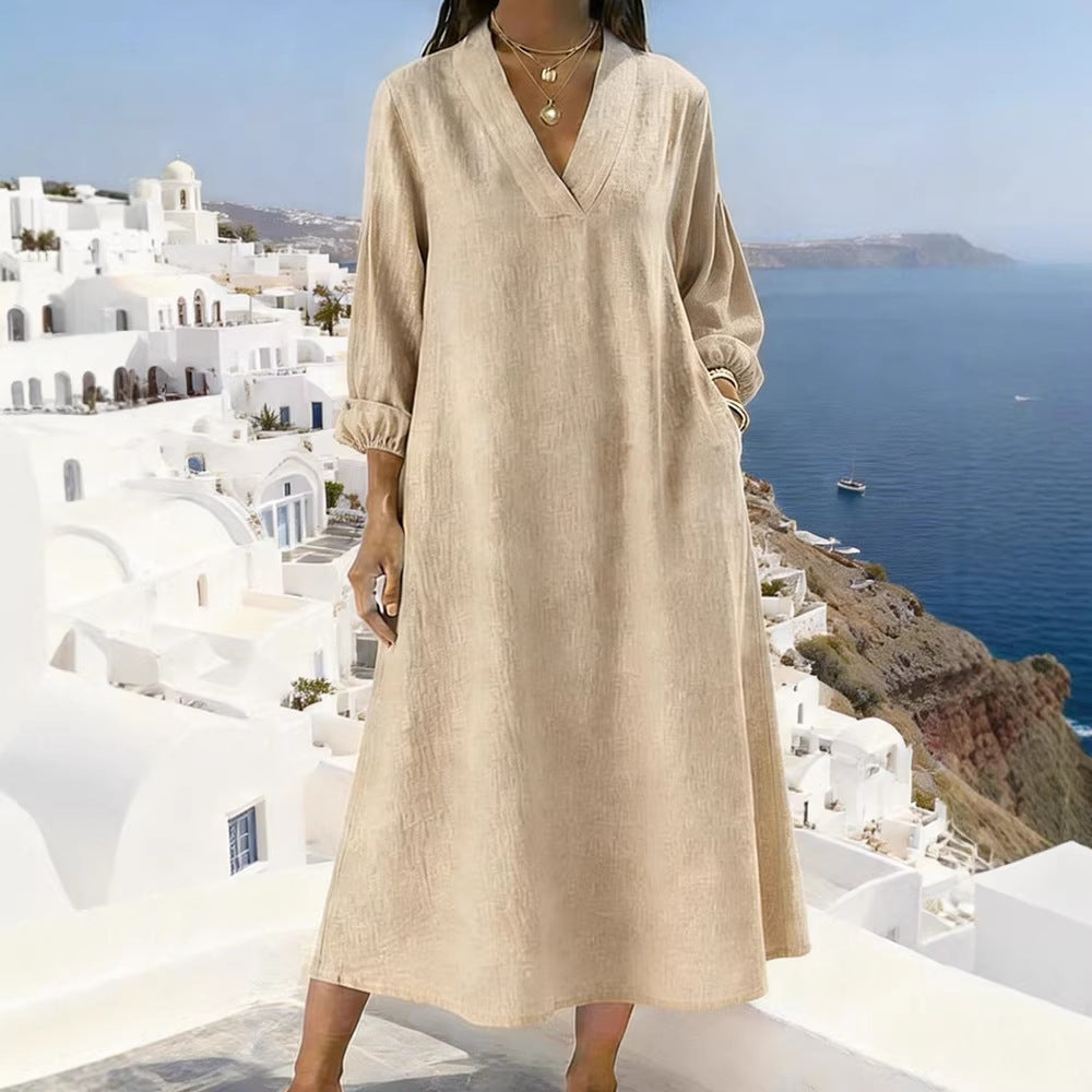 Womens Casual Straight-cut Long-sleeve V-neck Dress Available In Multiple Colors
