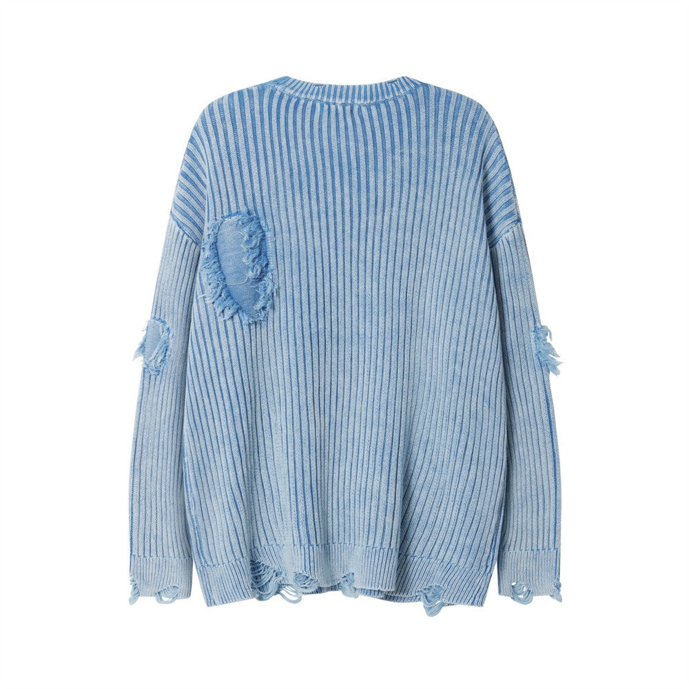 Idle Style Sunken Stripe Make Old Ripped Round Neck Sweater