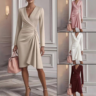 women's slim-fit v-pleated dress, view 3 - MRSLM