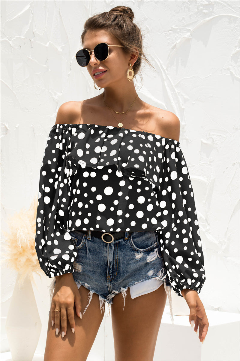 women's off-shoulder puff sleeve dot top, view 3 - MRSLM