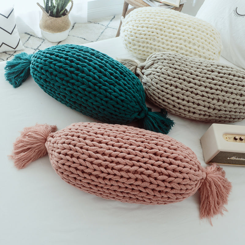 candy shape chunky knit pillow with tassels - MRSLM