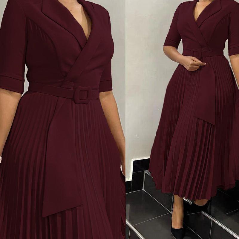 Women's tailored collar pleated waist dress, view 8 - MRSLM