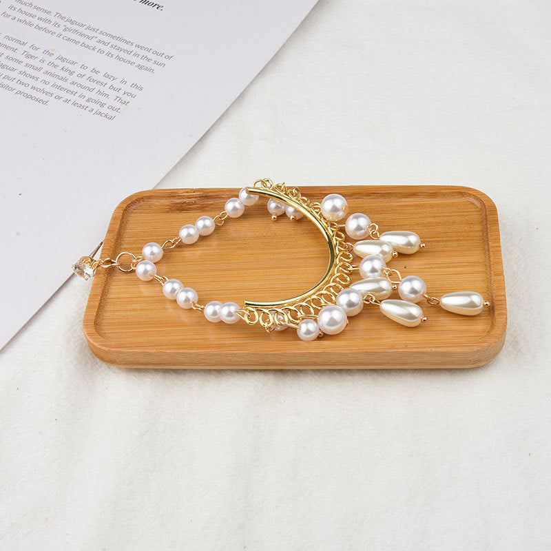 Gold chandelier pearl drop earrings, view 2 - MRSLM