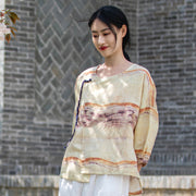 retro crane print linen zen shirt, view 7 - MRSLM