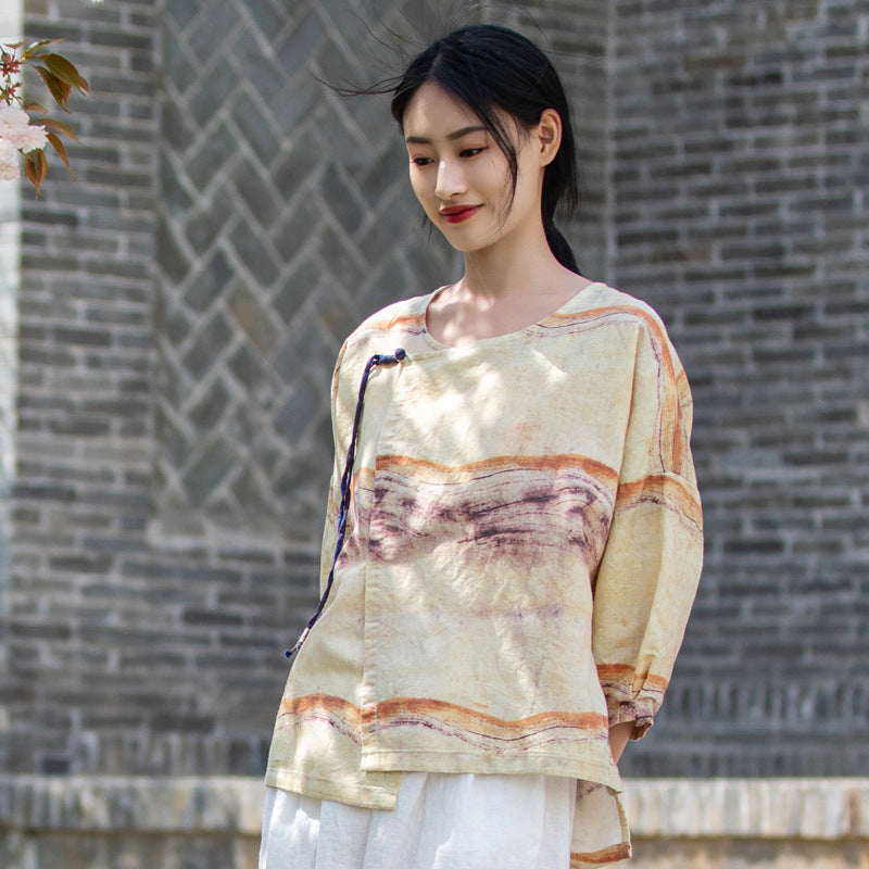 retro crane print linen zen shirt, view 7 - MRSLM