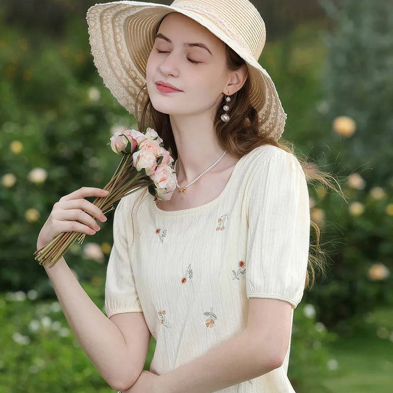 square neck embroidery puff t-shirt, view 4 - MRSLM
