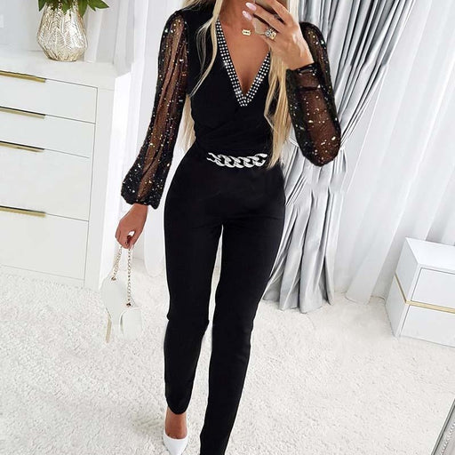 women's v-neck rhinestone mesh jumpsuit - MRSLM