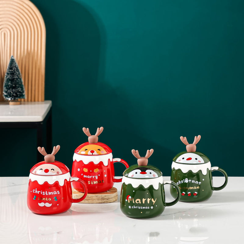 Christmas reindeer ceramic mug with lid and spoon - MRSLM