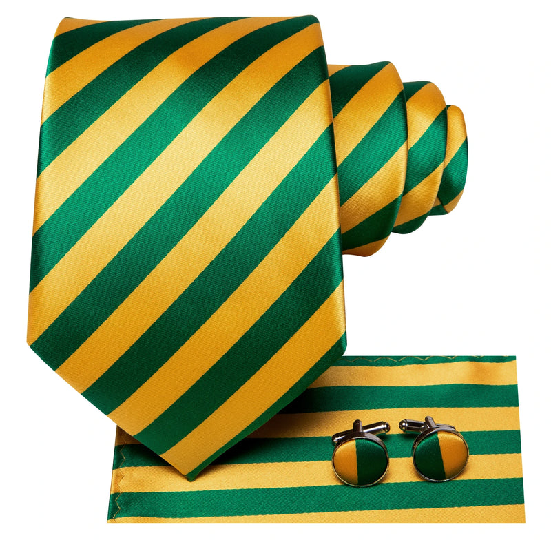 yellow and green striped silk necktie set for men, view 4 - MRSLM