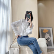 women's round neck lace white blouse, view 4 - MRSLM