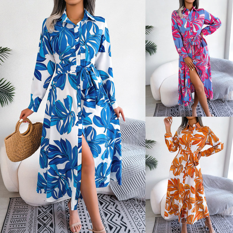floral lapel shirt dress with long skirt - MRSLM