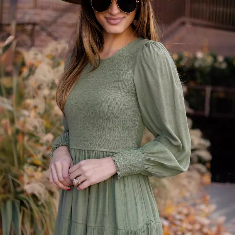 retro round-neck smocking dress, view 3 - MRSLM