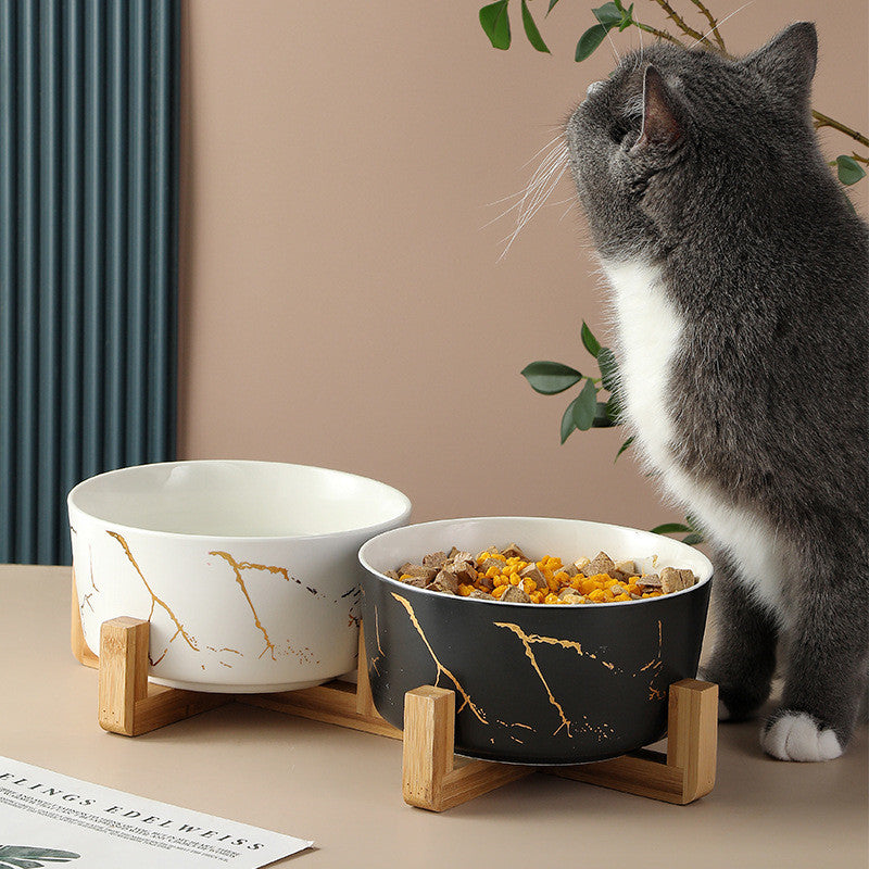 marble pet bowl with bamboo stand, view 7 - MRSLM