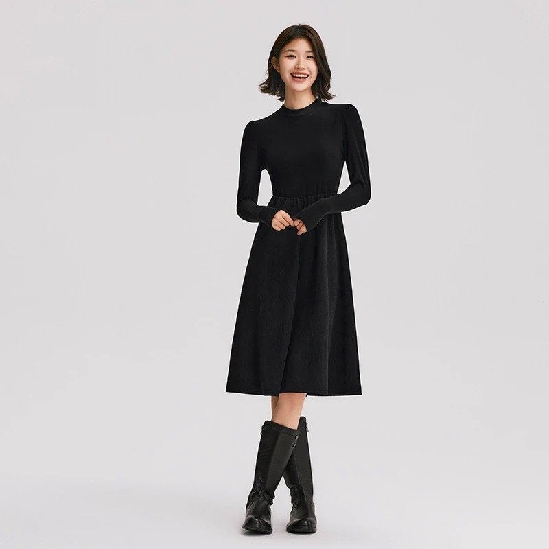 winter corduroy patchwork midi dress, view 2 - MRSLM