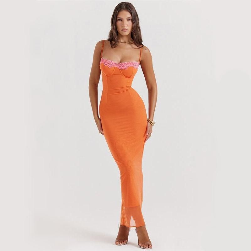 lace spaghetti strap backless bodycon maxi dress - MRSLM