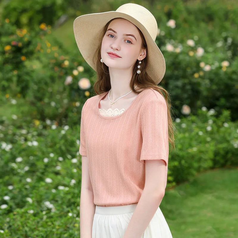 lace edge short-sleeve t-shirt, view 2 - MRSLM