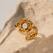 gold stainless camellia ring with shellfish beads - MRSLM