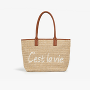 casual straw tote bag with letter decoration, view 3 - MRSLM