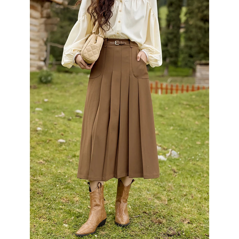 High waist pleated A-line skirt with belt, view 3 - MRSLM