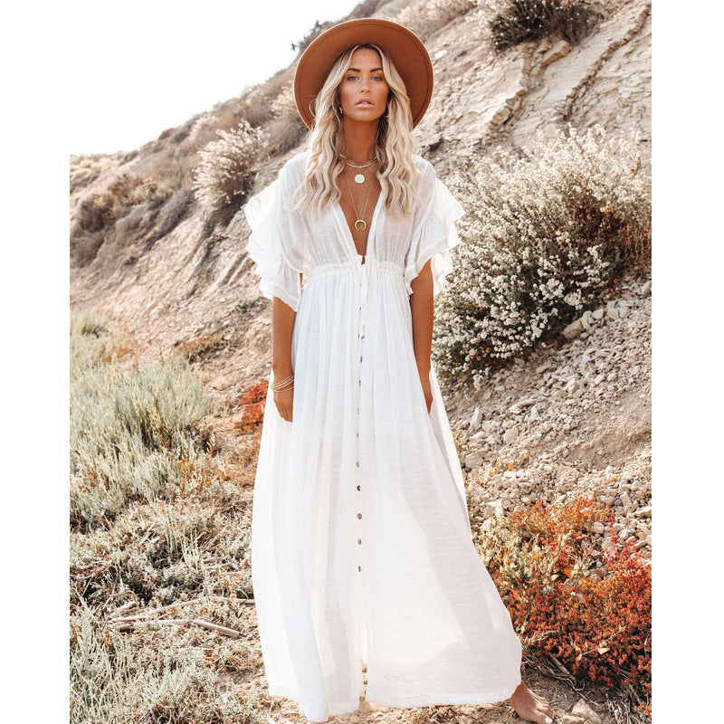 Solid color beach cover-up long dress, view 2 - MRSLM