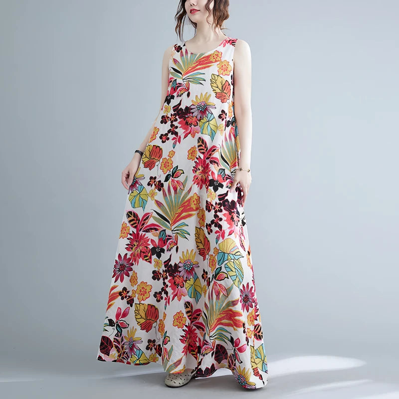 floral print cotton linen long dress, view 9 - MRSLM