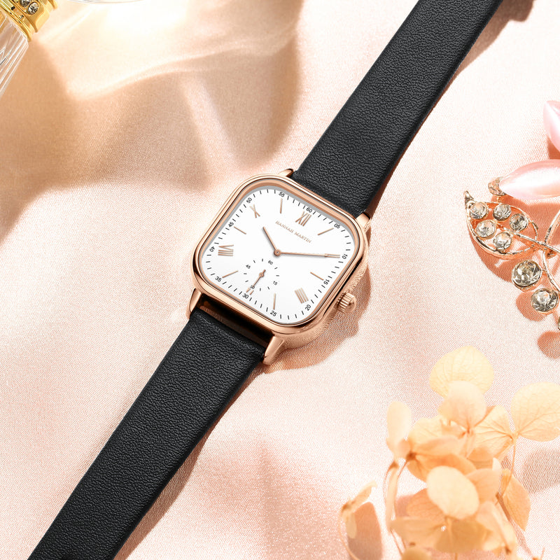 Square rose gold watch with leather strap, view 7 - MRSLM