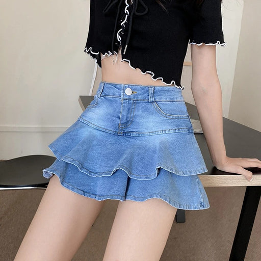 layered denim mini skirt, view 2 - MRSLM