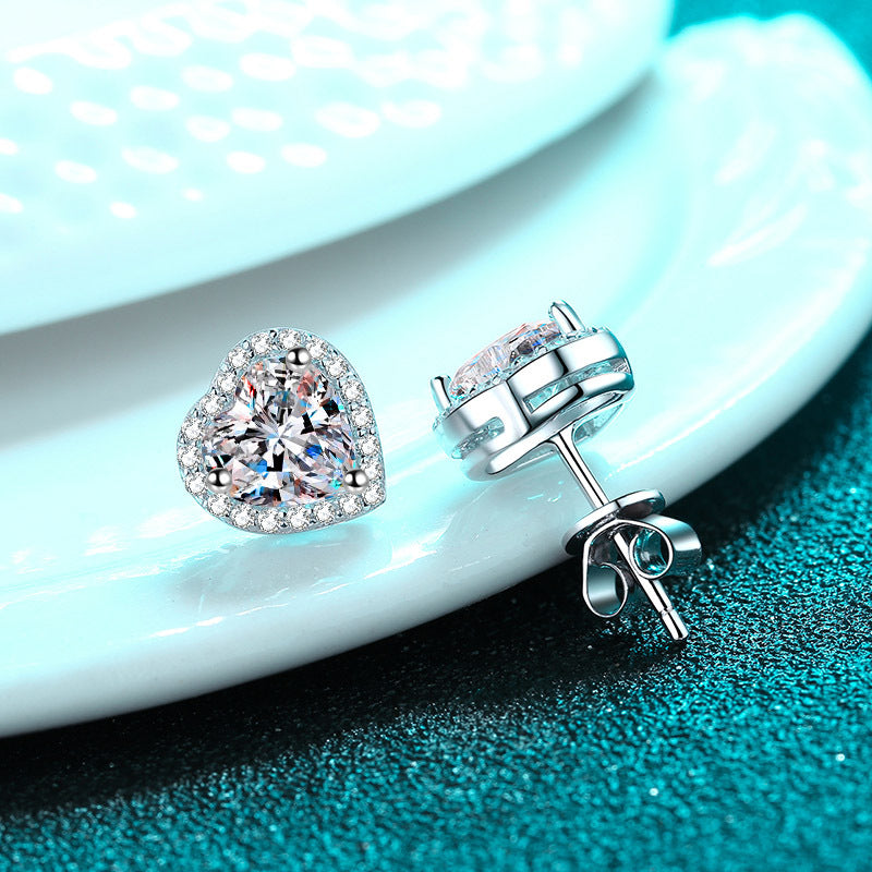 women's moissanite heart silver earrings, view 3 - MRSLM