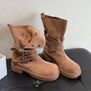 Women's suede platform buckle biker boots, view 4 - MRSLM