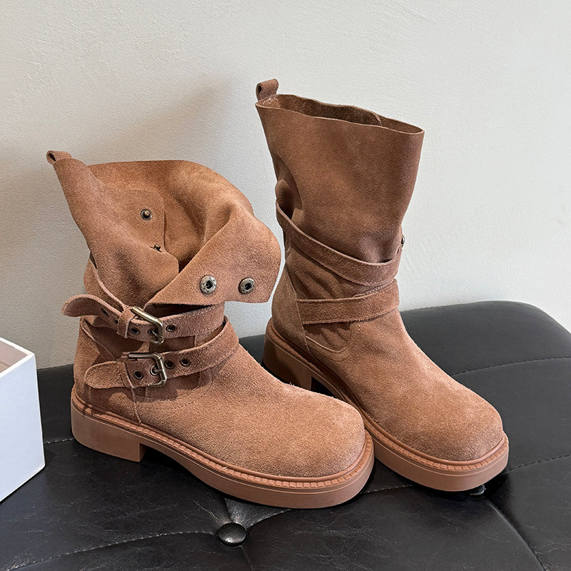 Women's suede platform buckle biker boots, view 4 - MRSLM