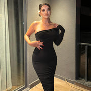 one-shoulder pleated long sleeve dress, view 4 - MRSLM