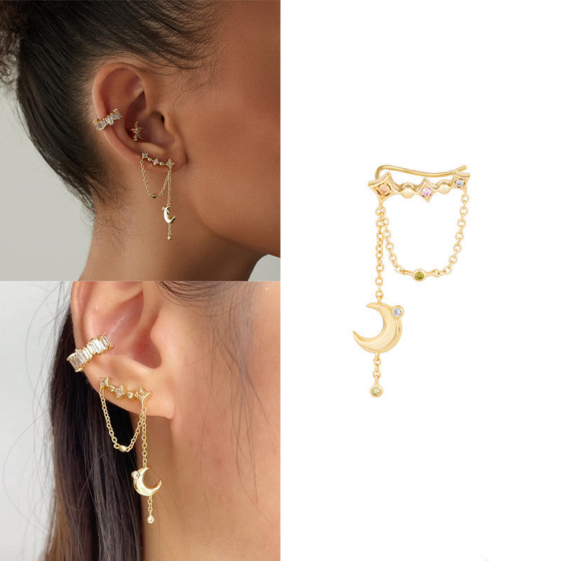 sterling silver star moon tassel ear clip, view 2 - MRSLM