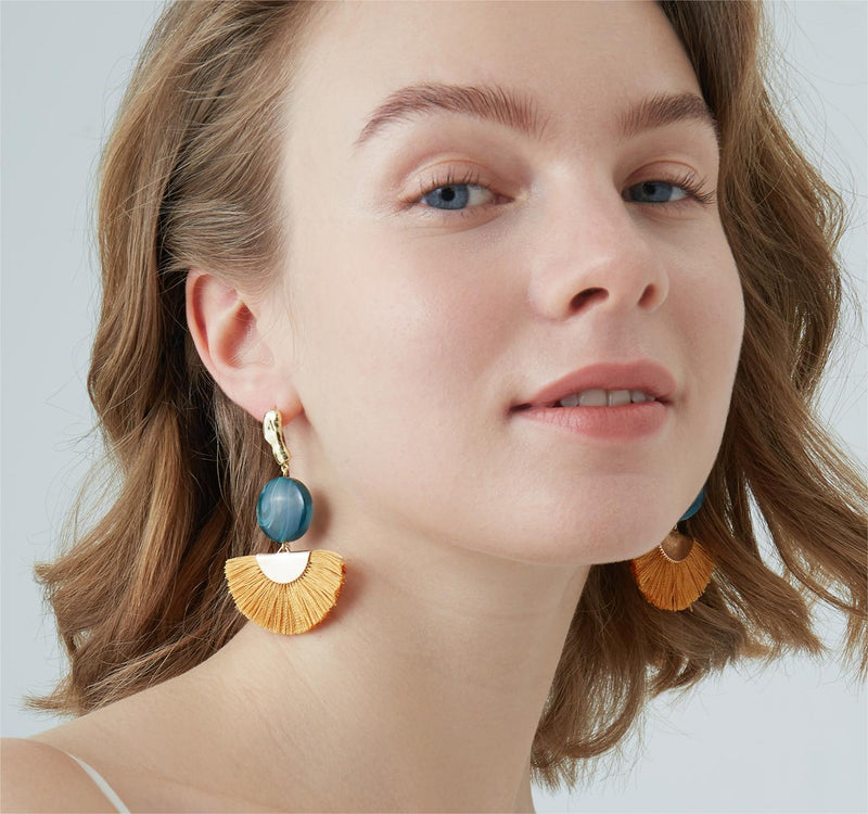 silver resin fan tassel earrings, view 2 - MRSLM