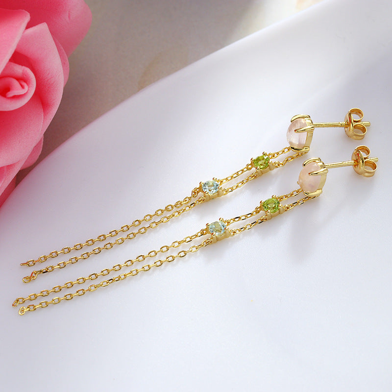 natural crystal double layer tassel earrings, view 3 - MRSLM