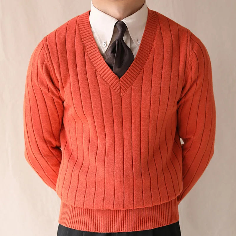 men's winter striped V-neck knit sweater, view 3 - MRSLM
