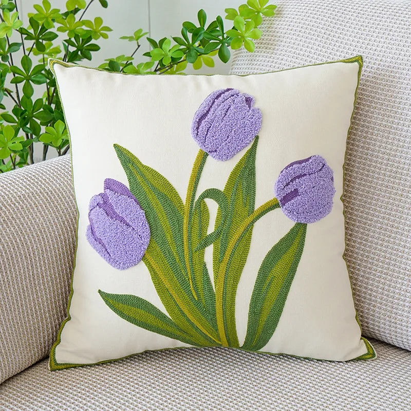 floral embroidered tulip and orchid cushion cover, view 4 - MRSLM