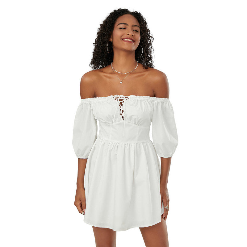 off-shoulder mini A-line dress with puff sleeves, view 2 - MRSLM