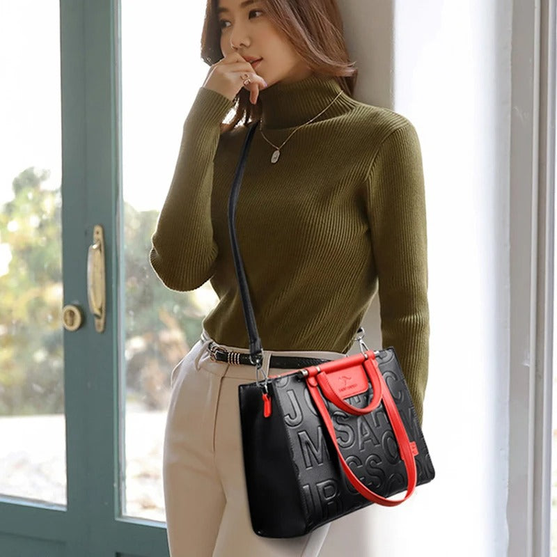 large soft leather tote with embossed lettering, view 10 - MRSLM