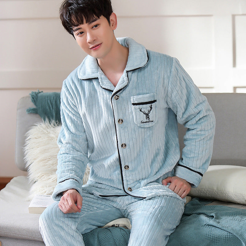 Men's flannel lounge robe cardigan set, view 17 - MRSLM