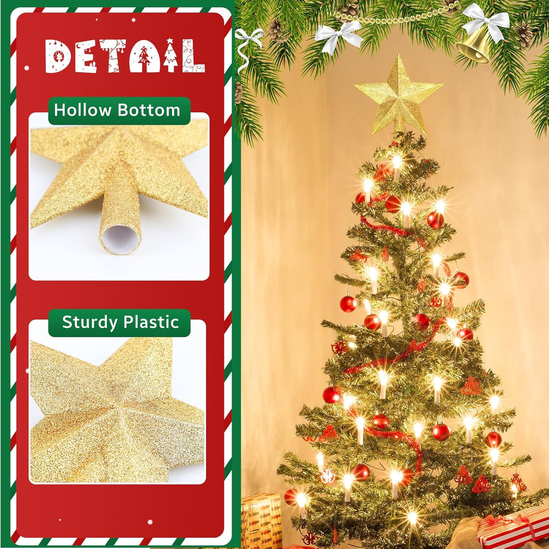 Gold Glitter Star Christmas Tree Topper, 8 Inch