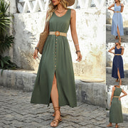 Round-neck sleeveless split dress with buttons - MRSLM