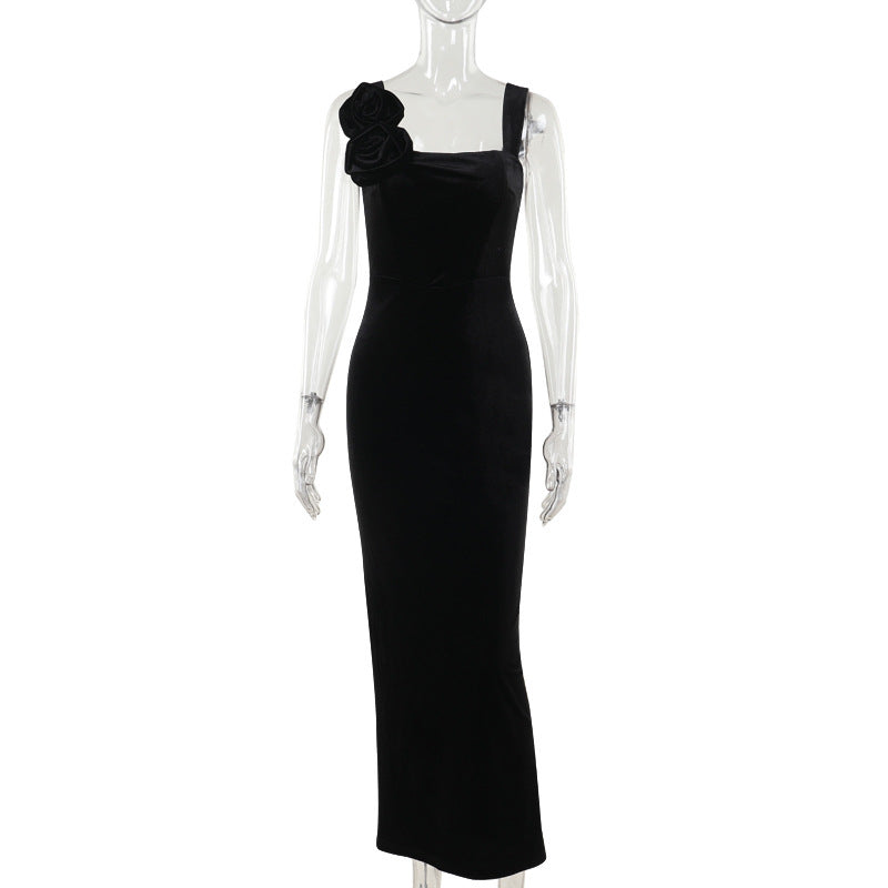 velvet flower off-shoulder dress, view 6 - MRSLM