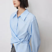 twisted tie waist long sleeve blouse, view 7 - MRSLM